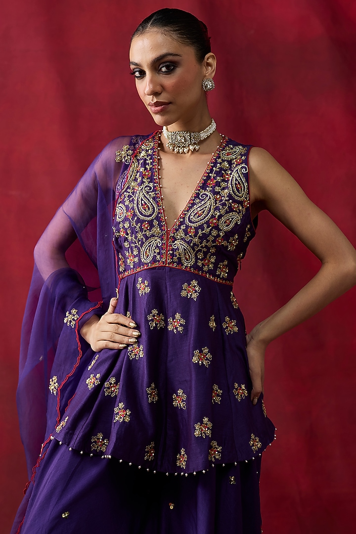 Purple Silk Chanderi Hand Embroidered Wedding Sharara Set by Shikha Mehta at Pernia's Pop Up Shop