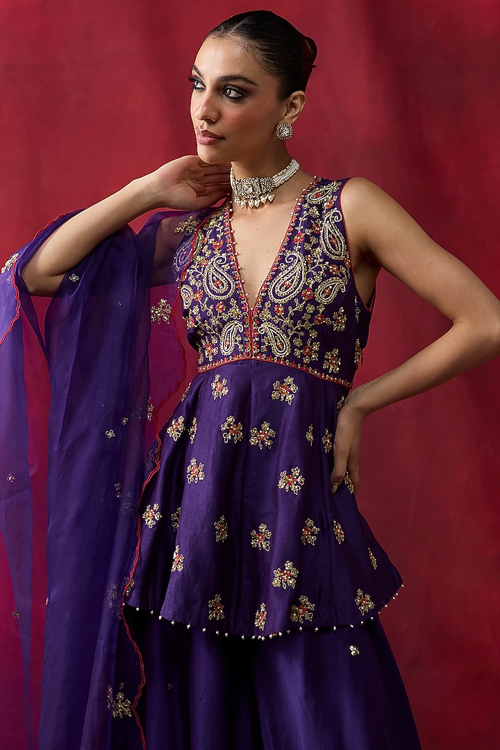 Purple Silk Chanderi Hand Embroidered Wedding Sharara Set by Shikha Mehta at Pernia's Pop Up Shop
