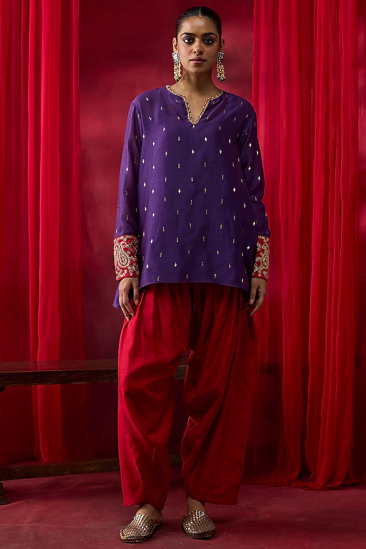 Purple Silk Chanderi Hand Embroidered Co-Ord Set by Shikha Mehta at Pernia's Pop Up Shop