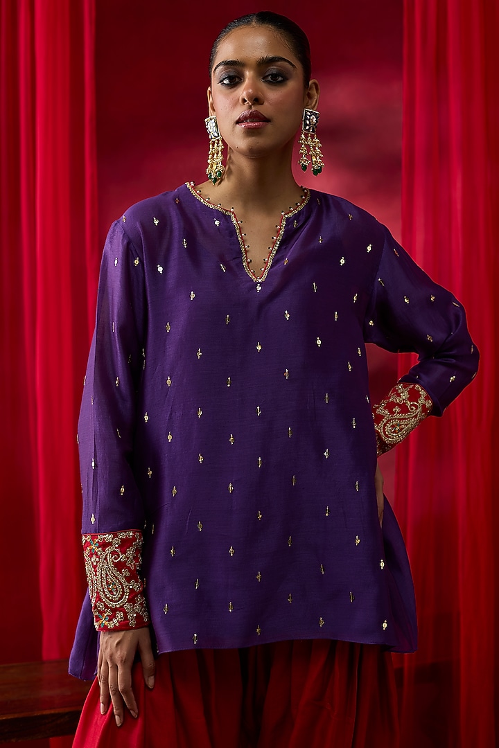 Purple Silk Chanderi Hand Embroidered Co-Ord Set by Shikha Mehta at Pernia's Pop Up Shop