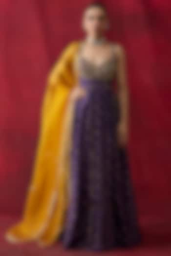 Purple Silk Chanderi Printed & Embroidered Wedding Anarkali Set by Shikha Mehta at Pernia's Pop Up Shop