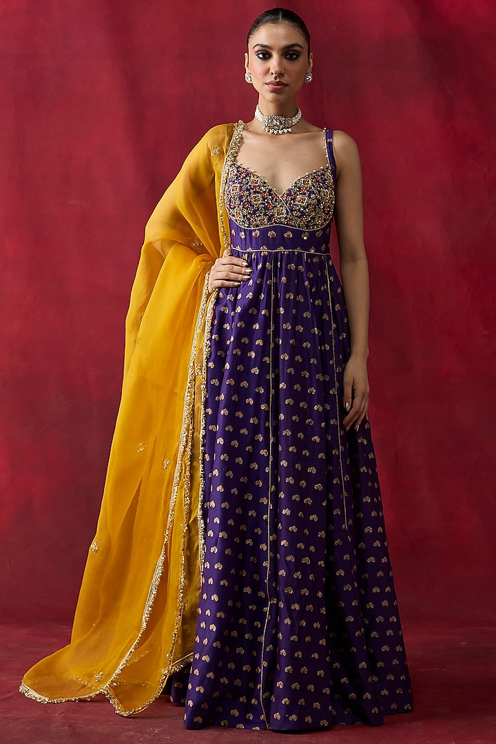 Purple Silk Chanderi Printed & Embroidered Wedding Anarkali Set by Shikha Mehta at Pernia's Pop Up Shop