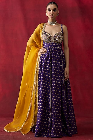 Purple Silk Chanderi Printed & Embroidered Anarkali Set by Shikha Mehta