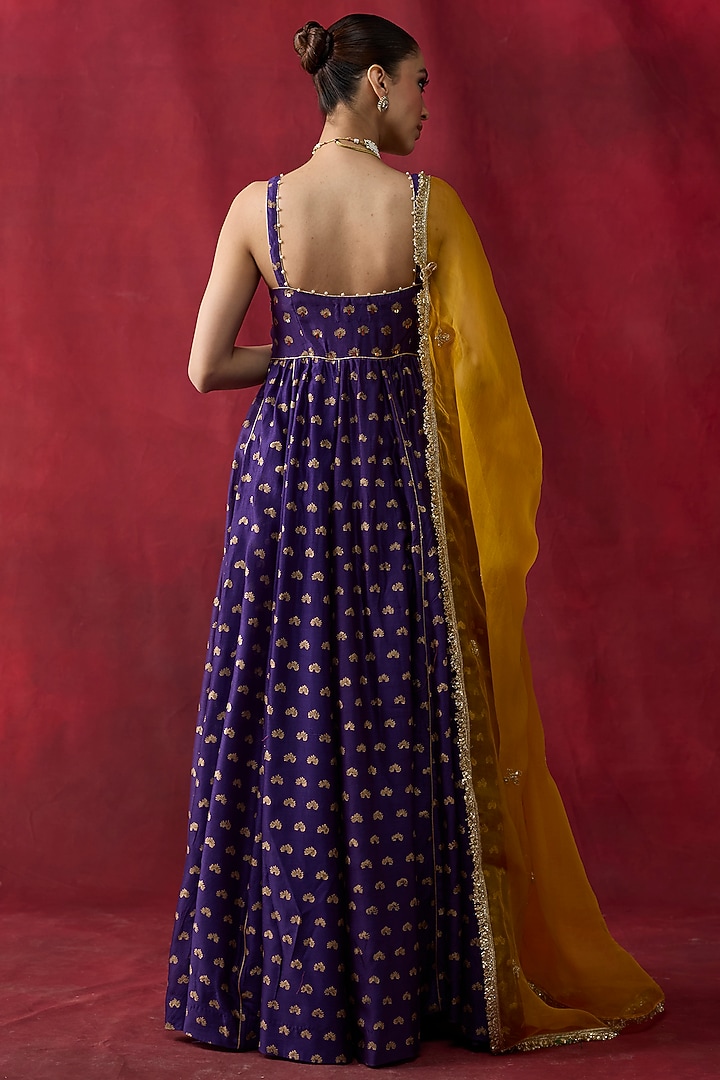 Purple Silk Chanderi Printed & Embroidered Wedding Anarkali Set by Shikha Mehta at Pernia's Pop Up Shop