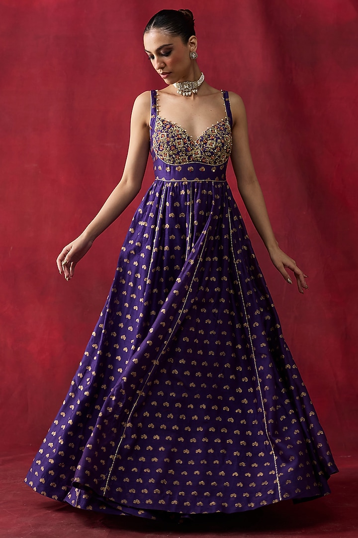 Purple Silk Chanderi Printed & Embroidered Wedding Anarkali Set by Shikha Mehta at Pernia's Pop Up Shop