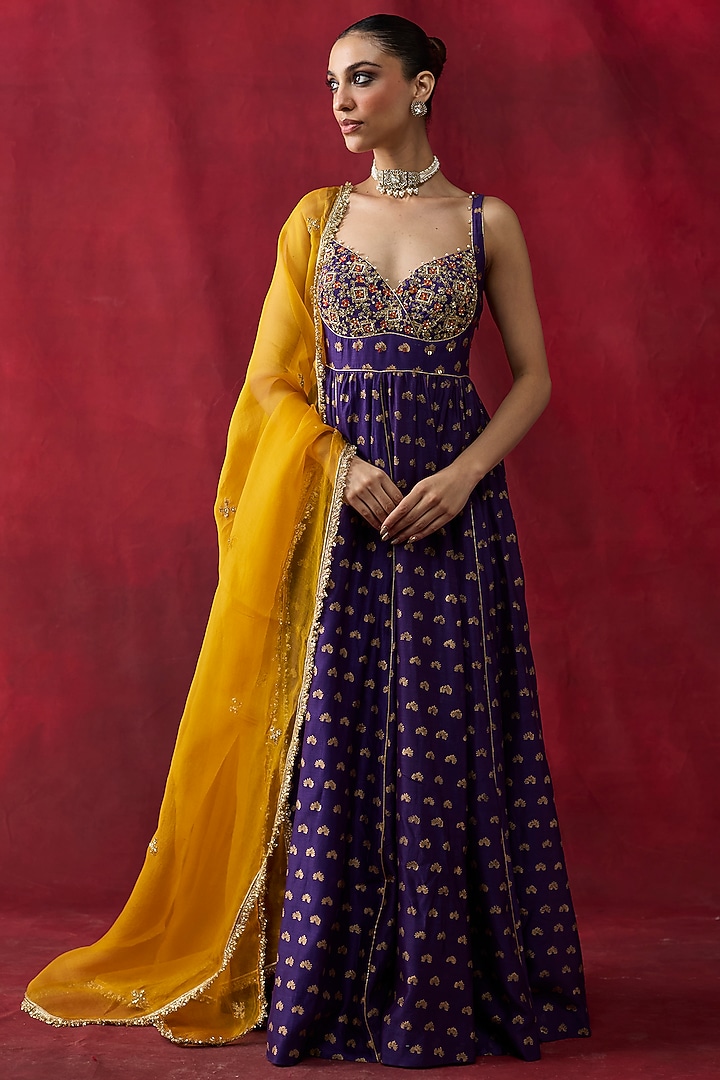 Purple Silk Chanderi Printed & Embroidered Wedding Anarkali Set by Shikha Mehta at Pernia's Pop Up Shop
