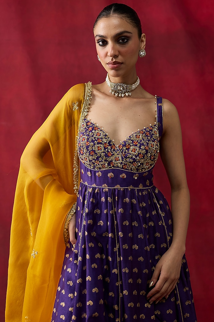 Purple Silk Chanderi Printed & Embroidered Wedding Anarkali Set by Shikha Mehta at Pernia's Pop Up Shop