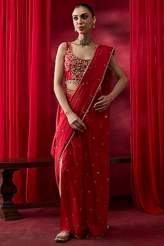 Red Silk Hand Embroidered Draped Saree Set by Shikha Mehta