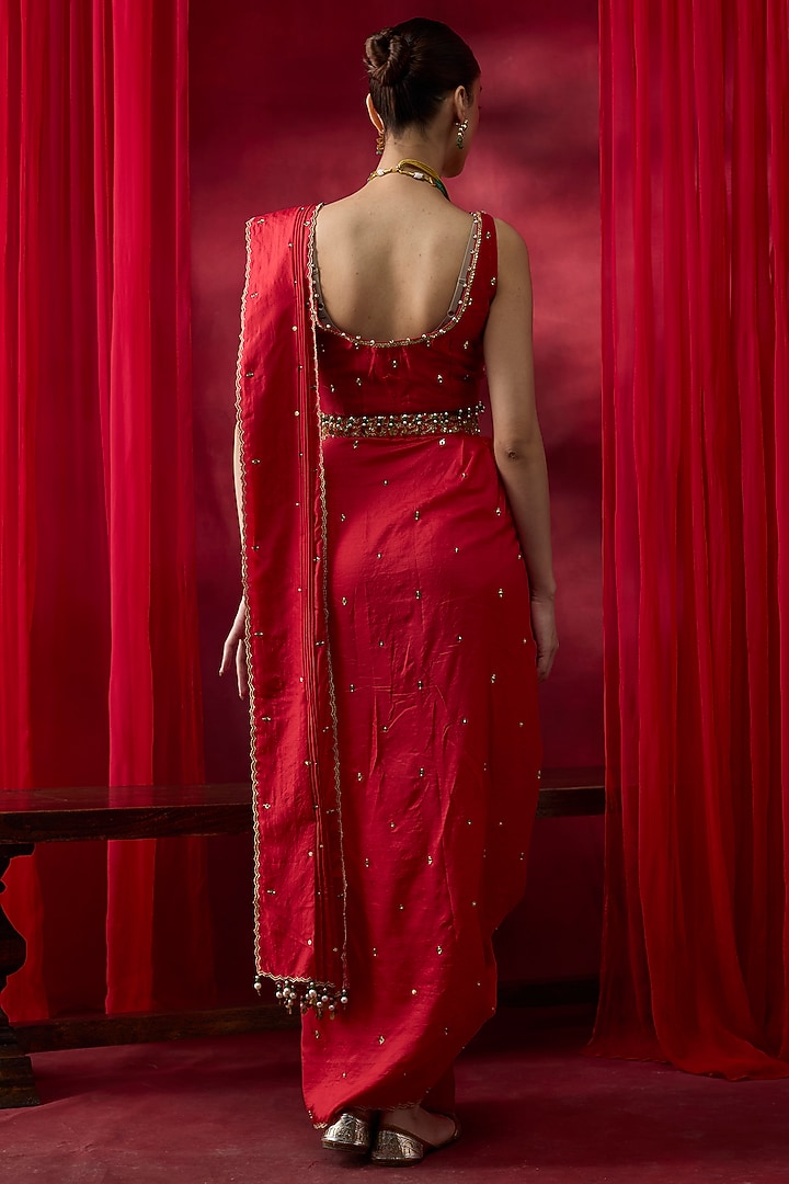 Red Silk Hand Embroidered Draped Wedding Saree Set by Shikha Mehta at Pernia's Pop Up Shop