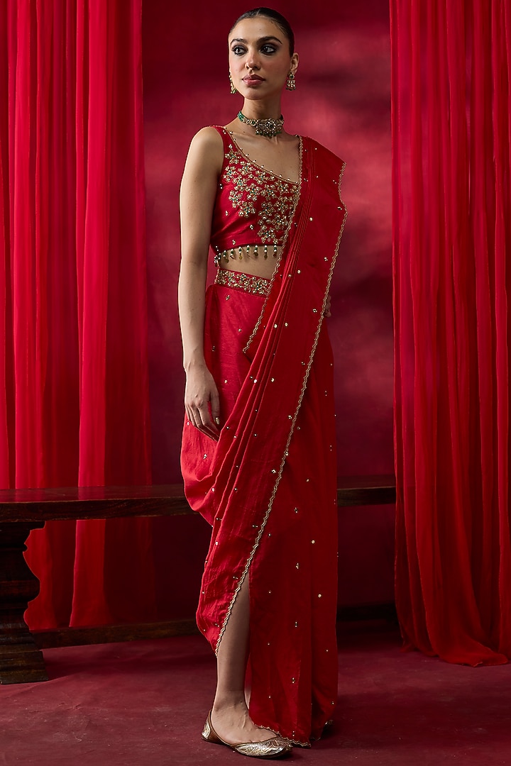 Red Silk Hand Embroidered Draped Wedding Saree Set by Shikha Mehta at Pernia's Pop Up Shop