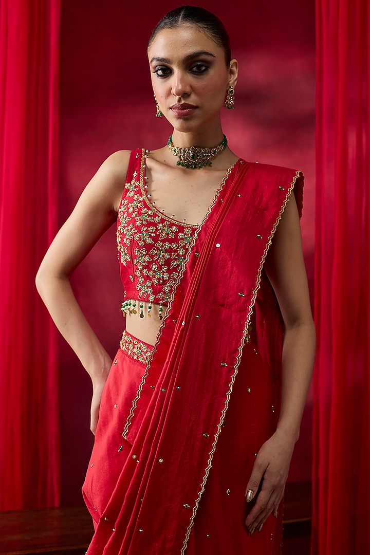 Red Silk Hand Embroidered Draped Wedding Saree Set by Shikha Mehta at Pernia's Pop Up Shop