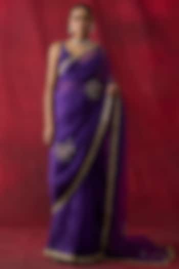 Purple Silk Organza Hand Embroidered Wedding Saree Set by Shikha Mehta at Pernia's Pop Up Shop
