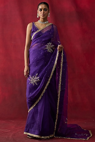 Purple Silk Organza Hand Embroidered Saree Set by Shikha Mehta