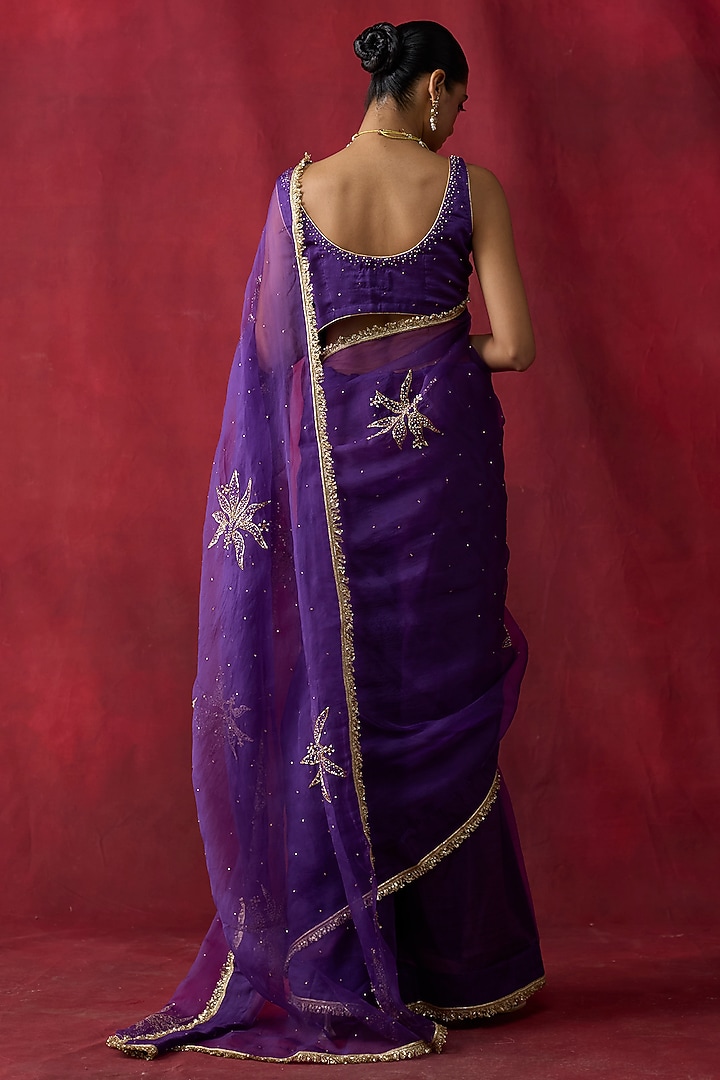 Purple Silk Organza Hand Embroidered Wedding Saree Set by Shikha Mehta at Pernia's Pop Up Shop