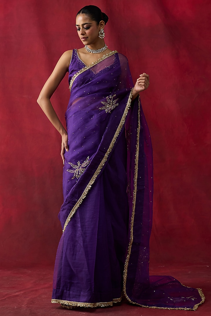 Purple Silk Organza Hand Embroidered Wedding Saree Set by Shikha Mehta at Pernia's Pop Up Shop