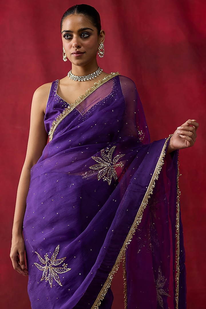 Purple Silk Organza Hand Embroidered Wedding Saree Set by Shikha Mehta at Pernia's Pop Up Shop