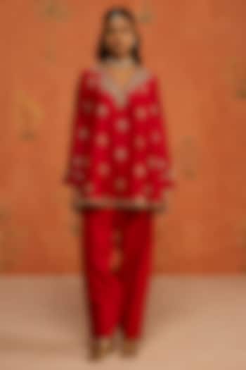Red Silk Chanderi Gota Embroidered A-Line Short Kurta Set by Shikha Mehta at Pernia's Pop Up Shop