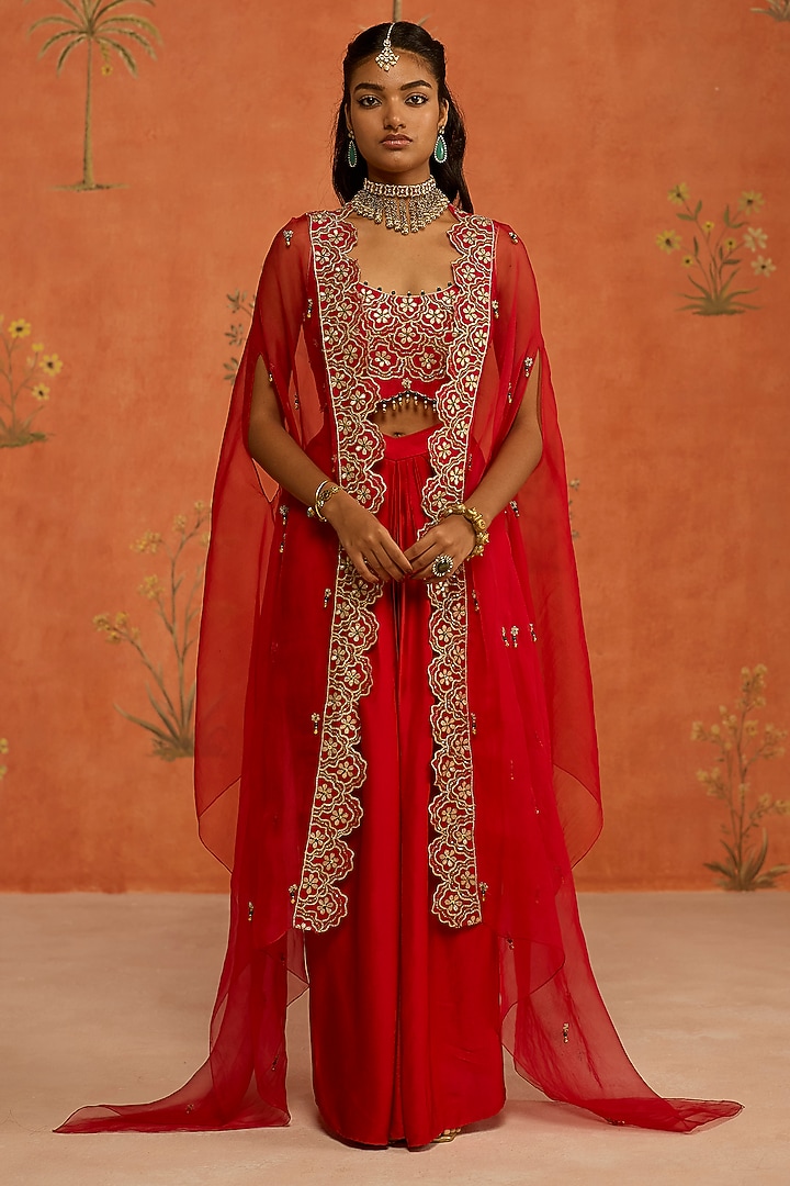 Red Silk Organza Dori Hand Embroidered Cape Set by Shikha Mehta at Pernia's Pop Up Shop