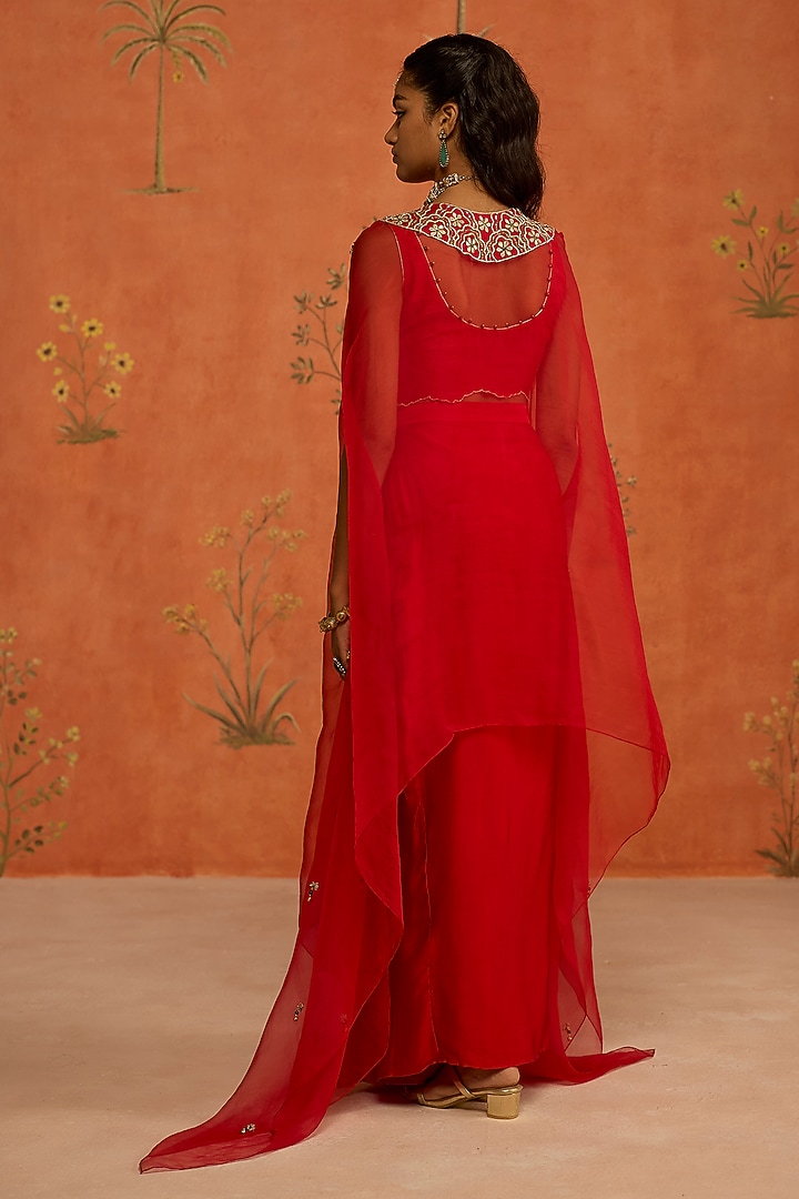 Red Silk Organza Dori Hand Embroidered Cape Set by Shikha Mehta at Pernia's Pop Up Shop