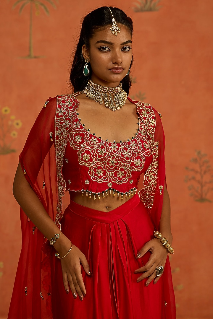 Red Silk Organza Dori Hand Embroidered Cape Set by Shikha Mehta at Pernia's Pop Up Shop