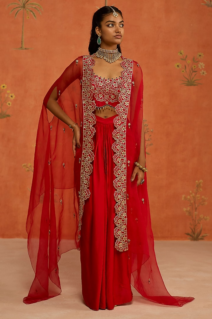 Red Silk Organza Dori Hand Embroidered Cape Set by Shikha Mehta at Pernia's Pop Up Shop