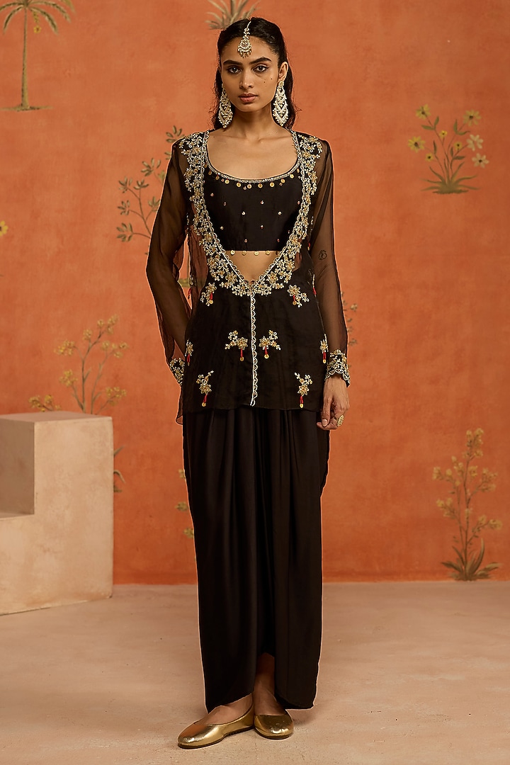 Black Silk Satin Skirt Set by Shikha Mehta at Pernia's Pop Up Shop