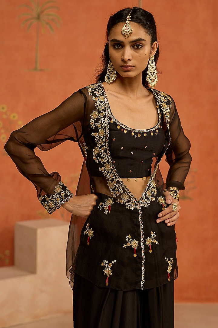 Black Silk Satin Skirt Set by Shikha Mehta at Pernia's Pop Up Shop