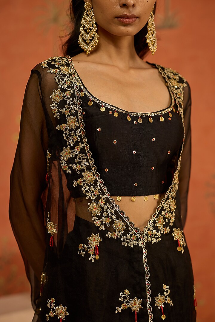 Black Silk Satin Skirt Set by Shikha Mehta at Pernia's Pop Up Shop