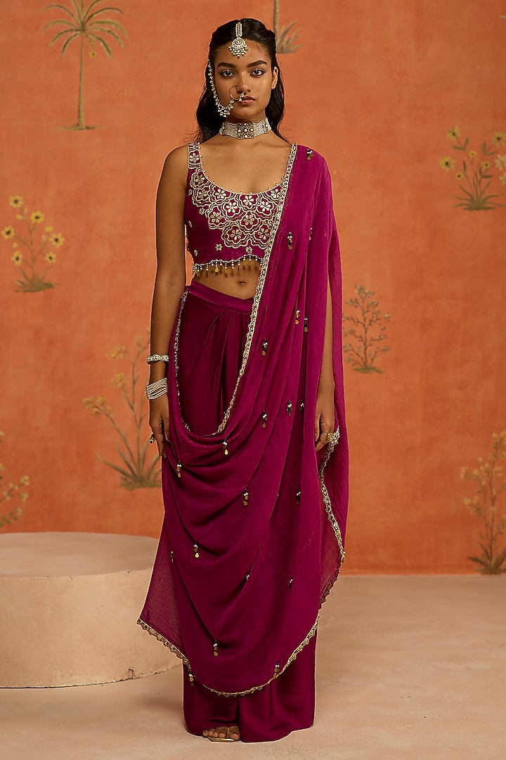Wine Satin Silk Draped Wedding Saree Set by Shikha Mehta at Pernia's Pop Up Shop