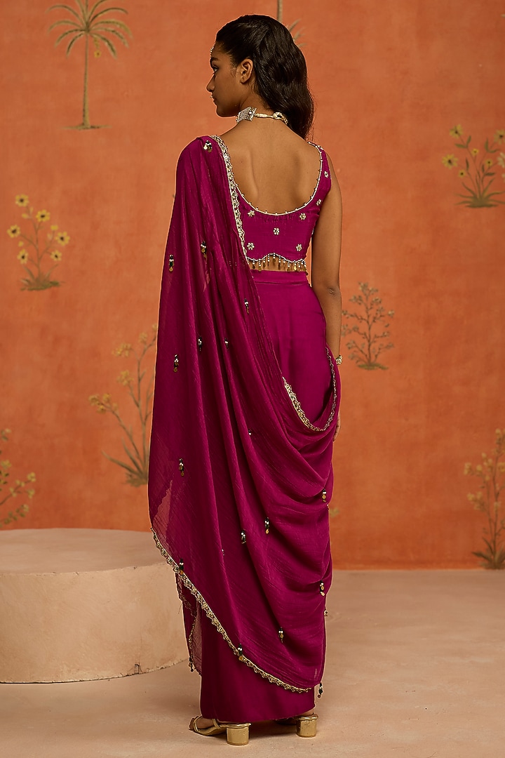 Wine Satin Silk Draped Wedding Saree Set by Shikha Mehta at Pernia's Pop Up Shop