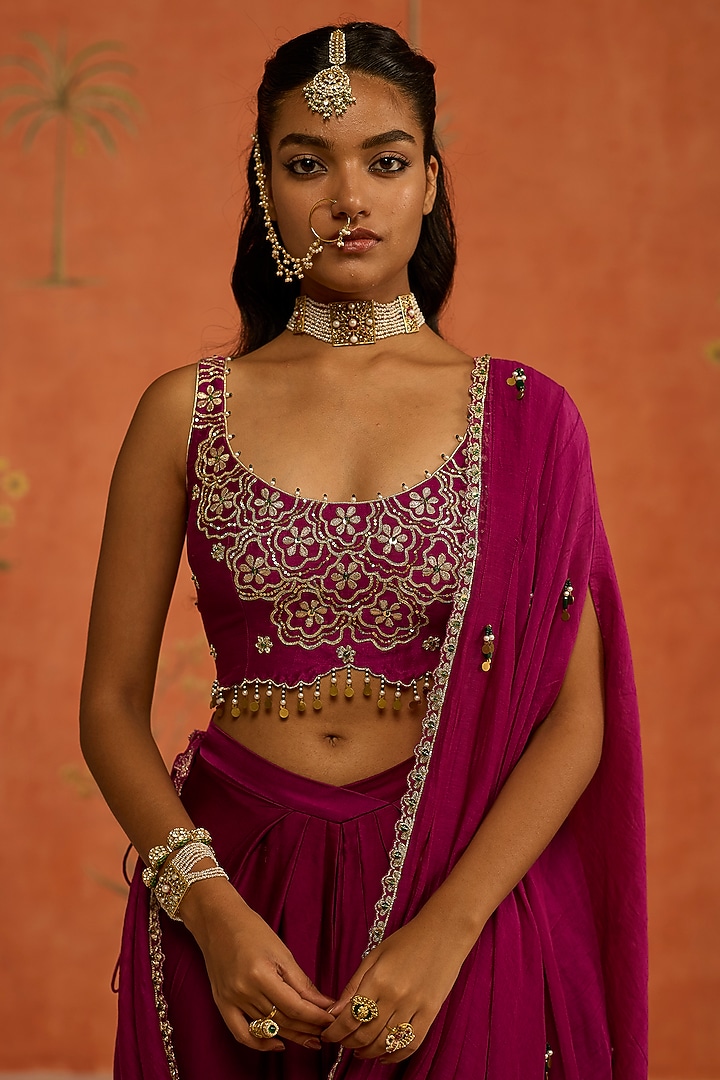 Wine Satin Silk Draped Wedding Saree Set by Shikha Mehta at Pernia's Pop Up Shop