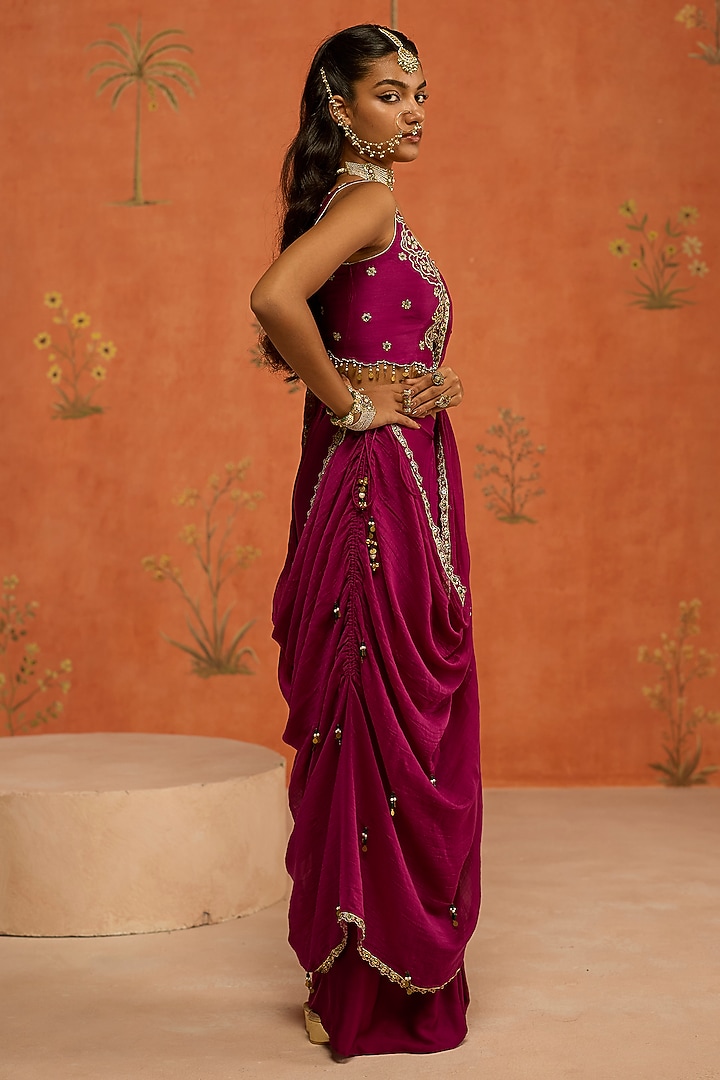 Wine Satin Silk Draped Wedding Saree Set by Shikha Mehta at Pernia's Pop Up Shop