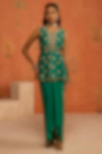 Green Silk Satin Skirt Set by Shikha Mehta at Pernia's Pop Up Shop