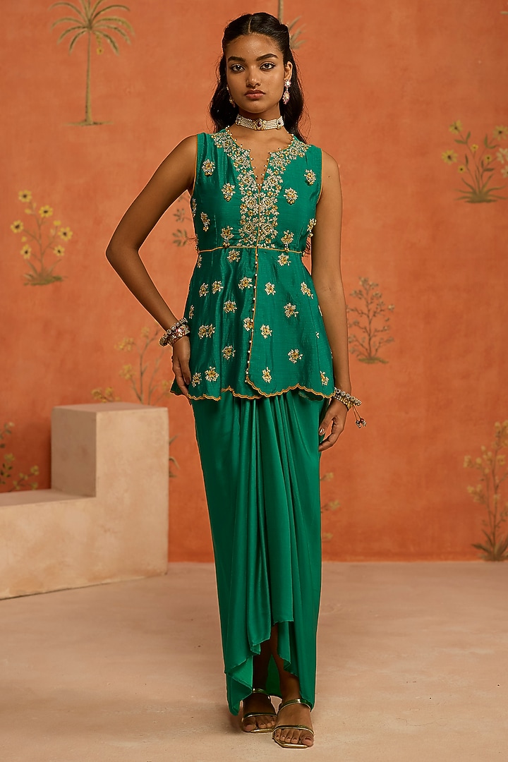 Green Silk Satin Skirt Set by Shikha Mehta at Pernia's Pop Up Shop