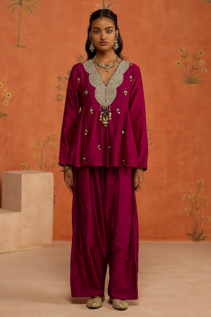 Wine Silk Chanderi Dori Embroidered Farshi Set by Shikha Mehta at Pernia's Pop Up Shop