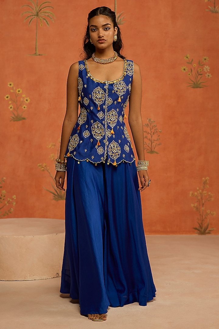 Blue Silk Chanderi Dori Embroidered Jacket Set by Shikha Mehta at Pernia's Pop Up Shop
