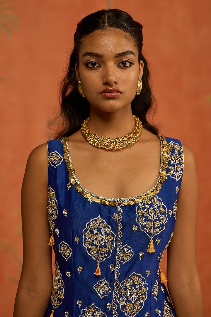 Blue Silk Chanderi Dori Embroidered Jacket Set by Shikha Mehta at Pernia's Pop Up Shop