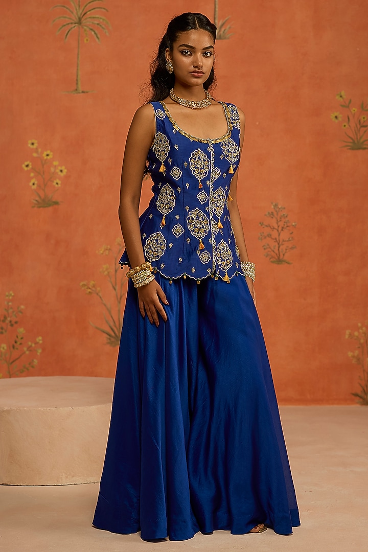 Blue Silk Chanderi Dori Embroidered Jacket Set by Shikha Mehta at Pernia's Pop Up Shop