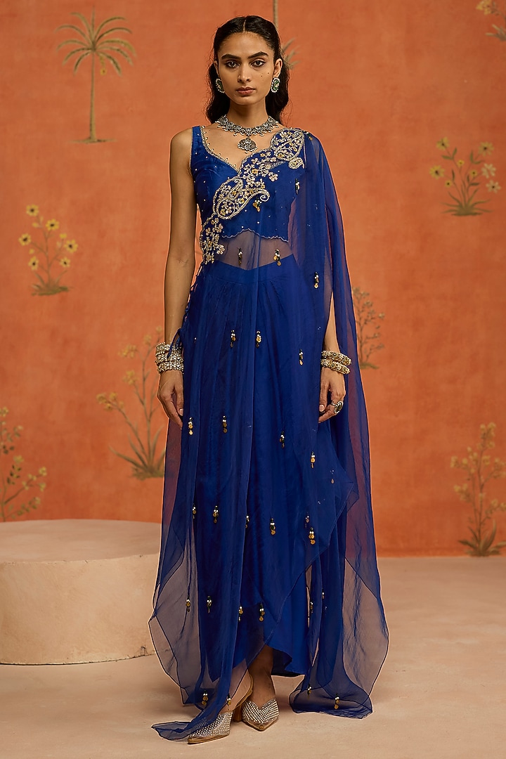 Blue Silk Organza Dori Embroidered Cape Set by Shikha Mehta at Pernia's Pop Up Shop