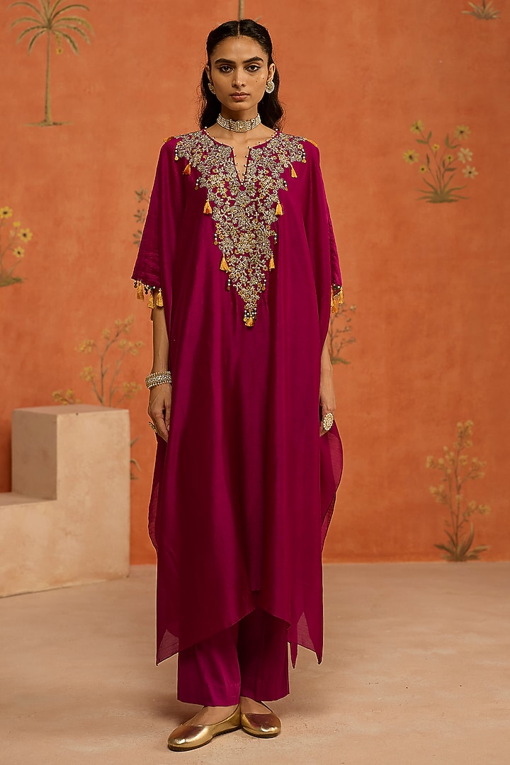 Wine Silk Chanderi Dori Embroidered Kaftan Set by Shikha Mehta at Pernia's Pop Up Shop