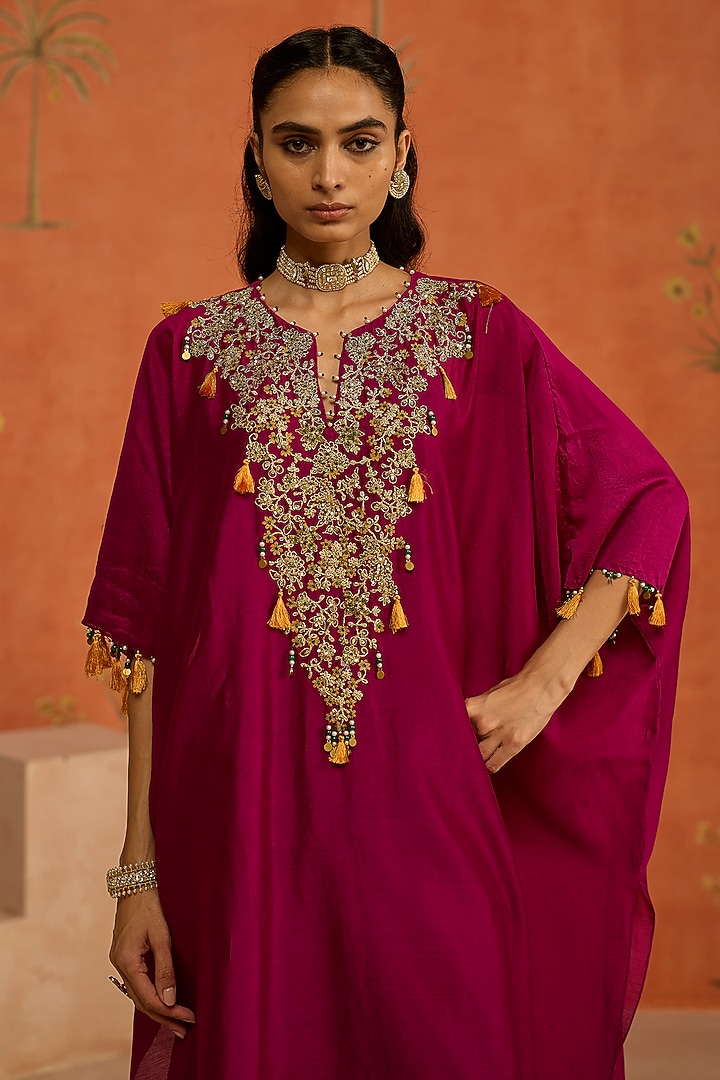 Wine Silk Chanderi Dori Embroidered Kaftan Set by Shikha Mehta at Pernia's Pop Up Shop