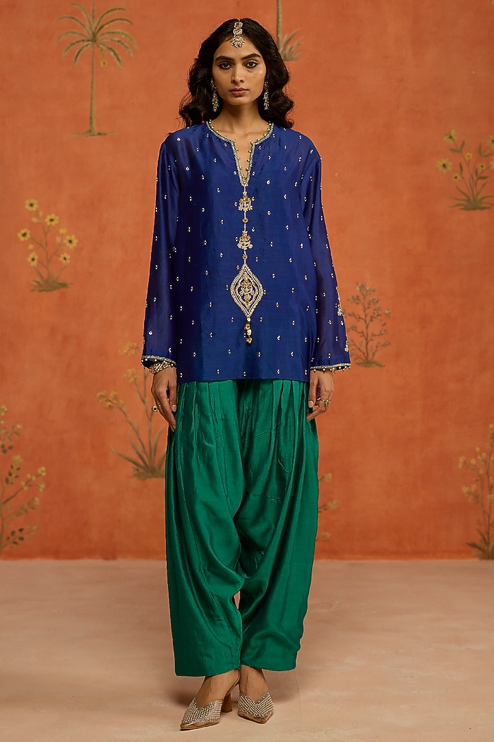 Blue Silk Chanderi Dori Embroidered Co-Ord Set by Shikha Mehta at Pernia's Pop Up Shop