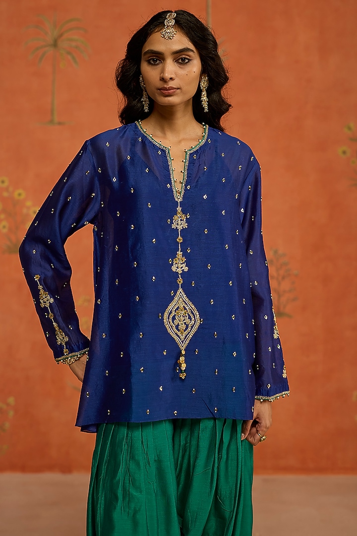 Blue Silk Chanderi Dori Embroidered Co-Ord Set by Shikha Mehta at Pernia's Pop Up Shop