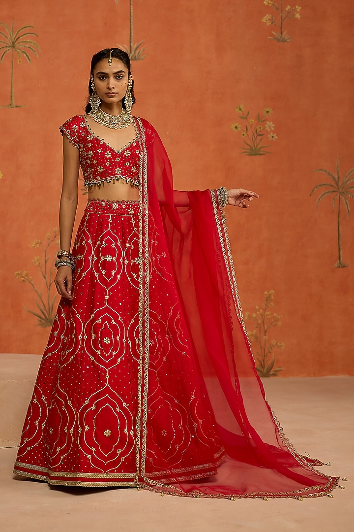 Red Raw Silk Gota Hand Embroidered Wedding Lehenga Set by Shikha Mehta at Pernia's Pop Up Shop