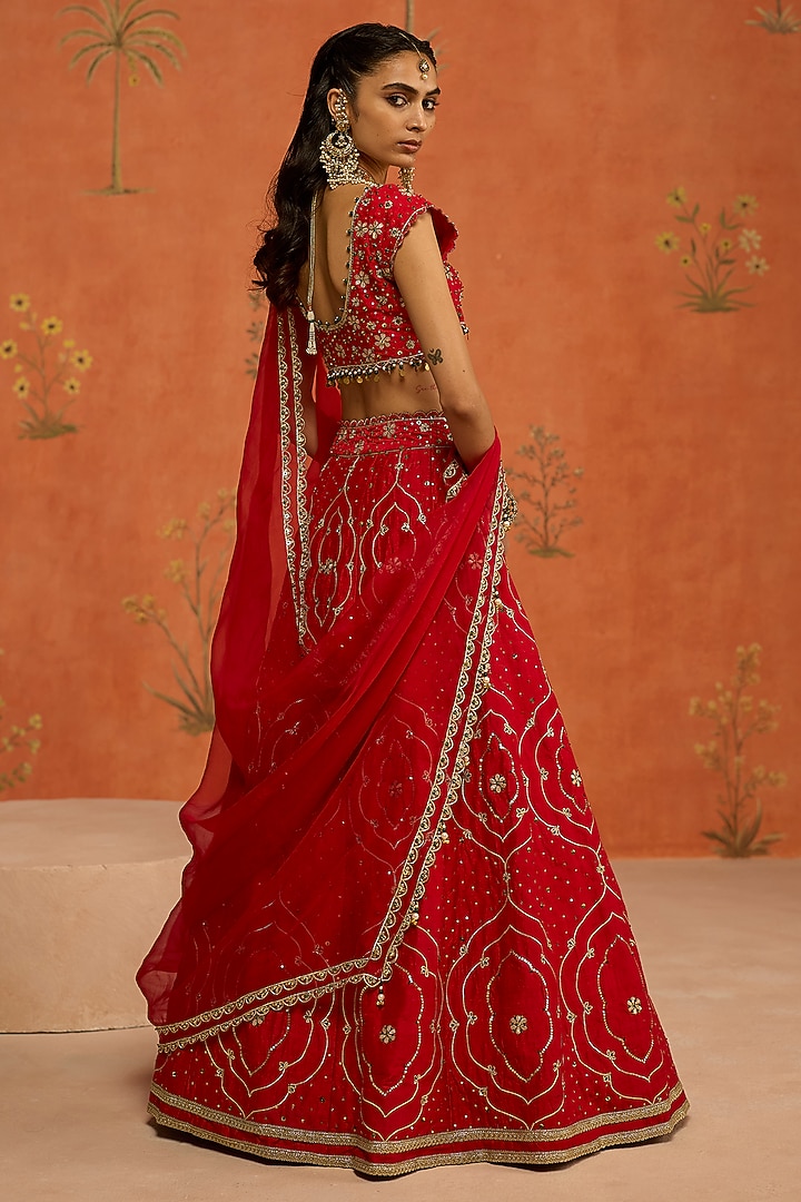 Red Raw Silk Gota Hand Embroidered Wedding Lehenga Set by Shikha Mehta at Pernia's Pop Up Shop