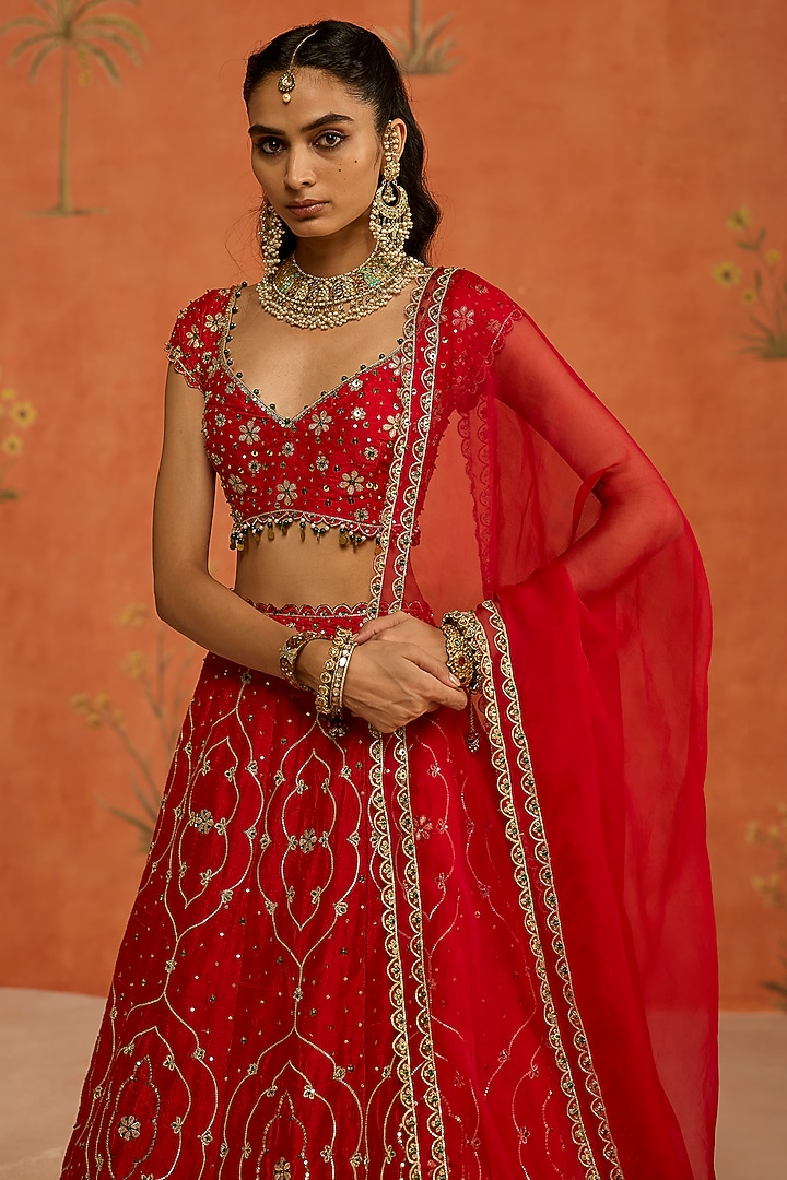 Red Raw Silk Gota Hand Embroidered Wedding Lehenga Set by Shikha Mehta at Pernia's Pop Up Shop