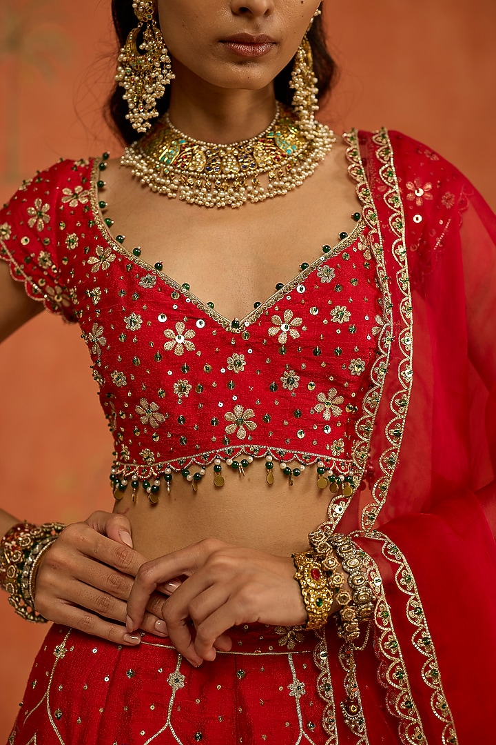 Red Raw Silk Gota Hand Embroidered Wedding Lehenga Set by Shikha Mehta at Pernia's Pop Up Shop