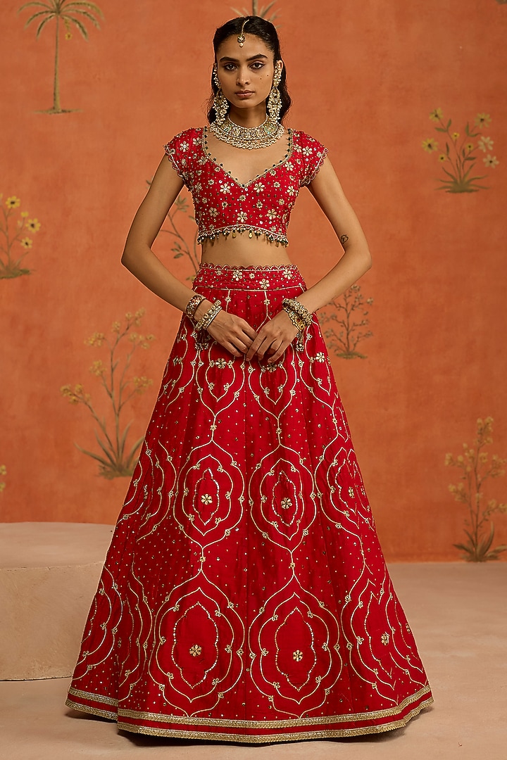Red Raw Silk Gota Hand Embroidered Wedding Lehenga Set by Shikha Mehta at Pernia's Pop Up Shop
