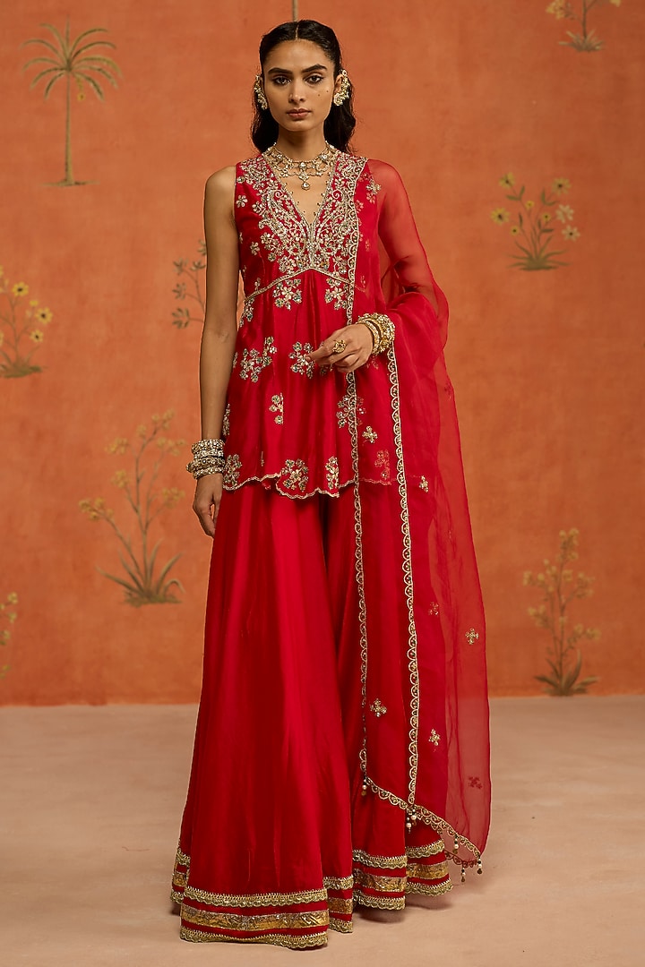 Red Silk Chanderi Gota Hand Embroidered Wedding Sharara Set by Shikha Mehta at Pernia's Pop Up Shop