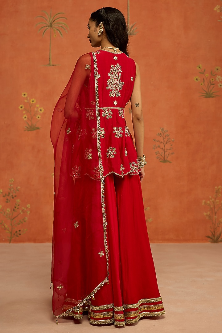 Red Silk Chanderi Gota Hand Embroidered Wedding Sharara Set by Shikha Mehta at Pernia's Pop Up Shop